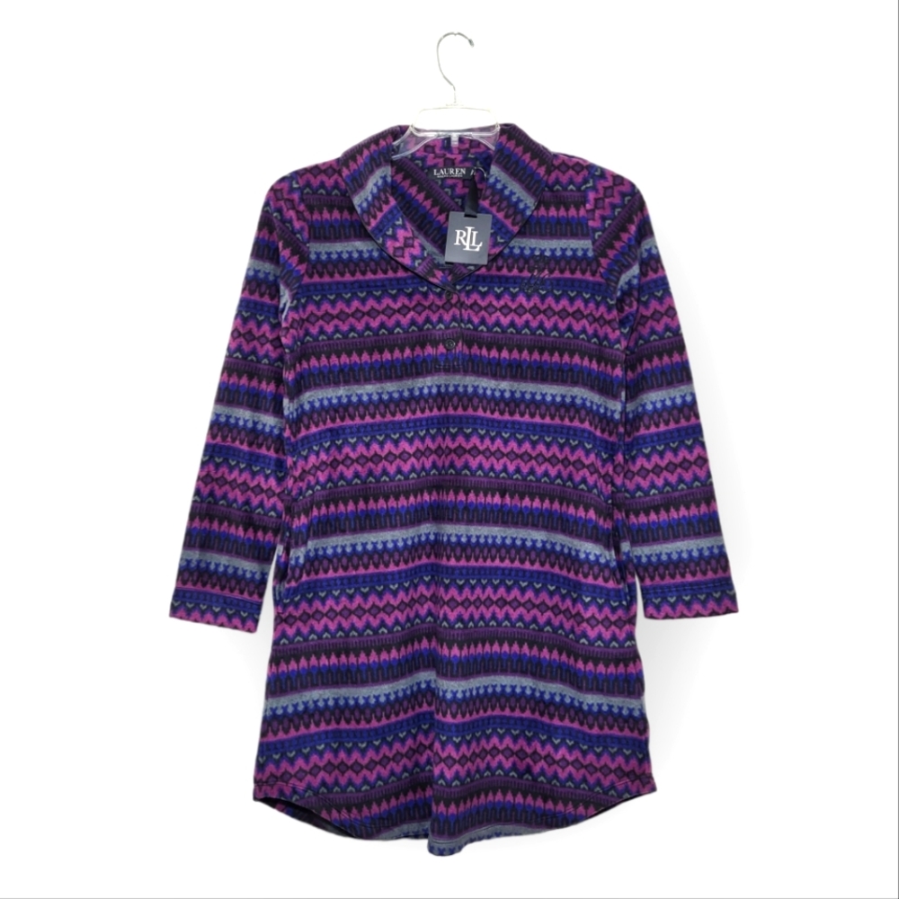 Ralph Lauren Black Label Fleece Long-sleeve Pullover Sleep Shirt Aztec Print S